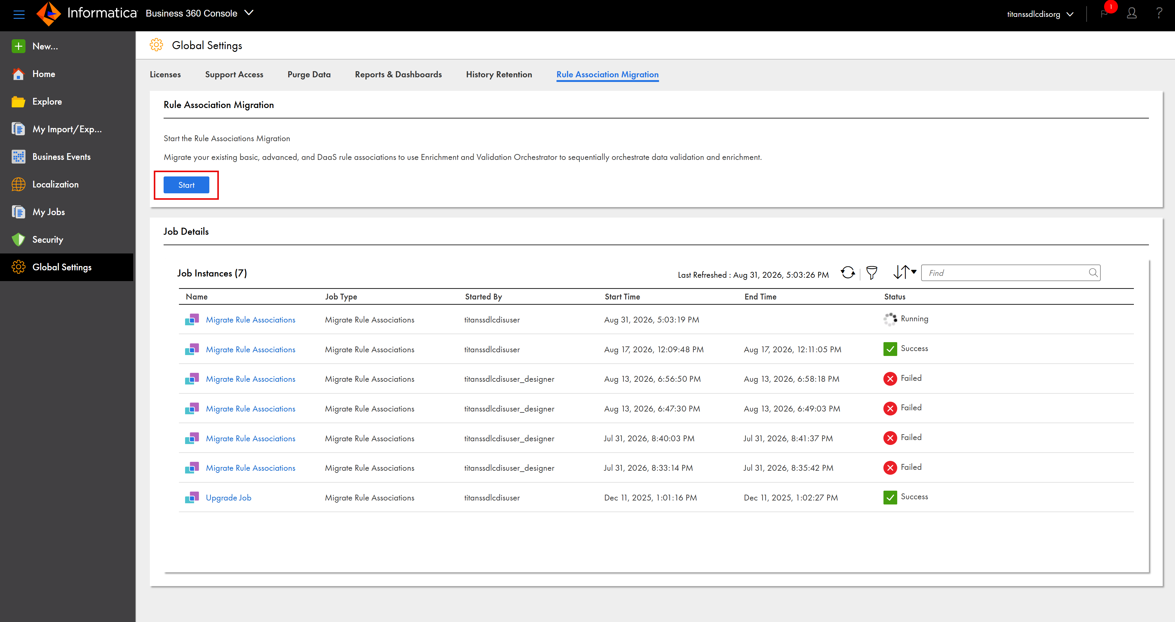The Rule Association Migration tab on the Global Settings page displays an option to start the migration and the status of the migrate rule association job.