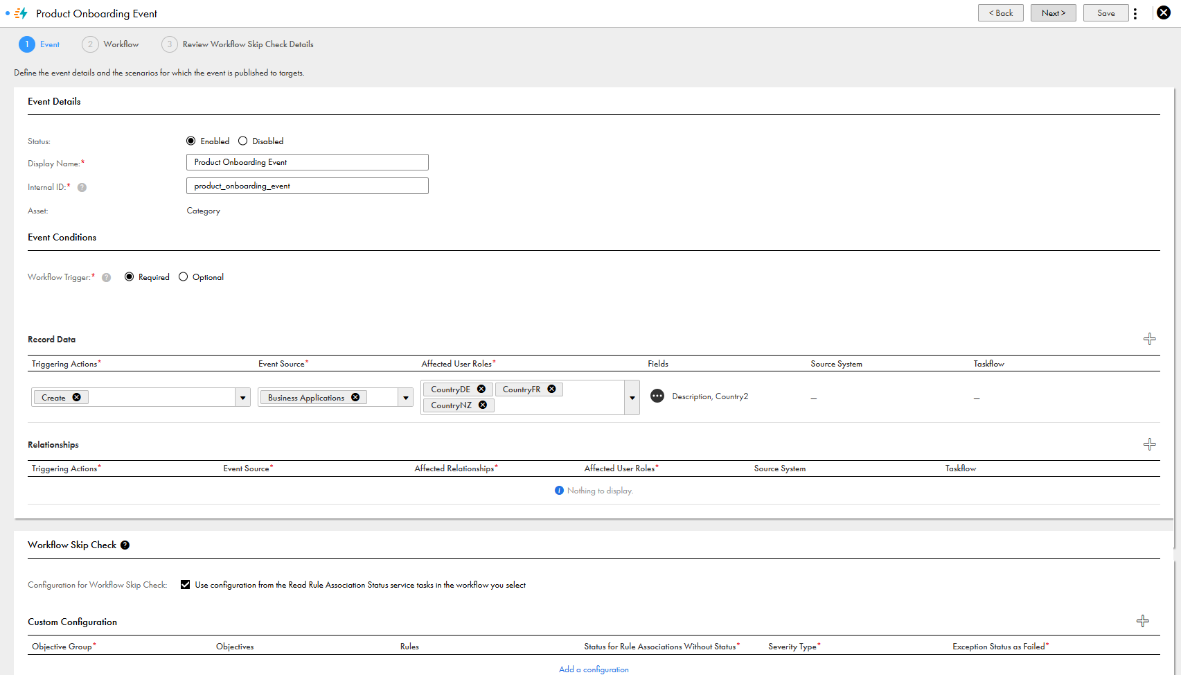 A business event for product onboarding, showing configuration for basic details, event conditions, and workflow skip check.