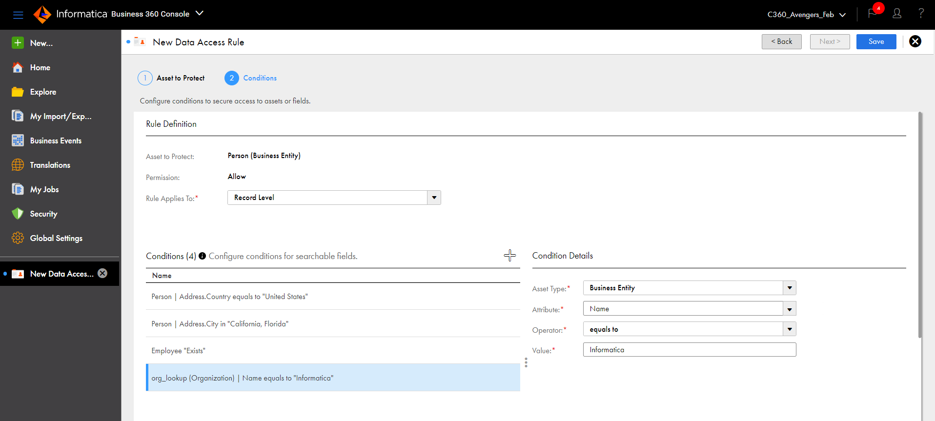 After you save the data access rule, you can access the rule from the Data Access Rules tab on the Security page.