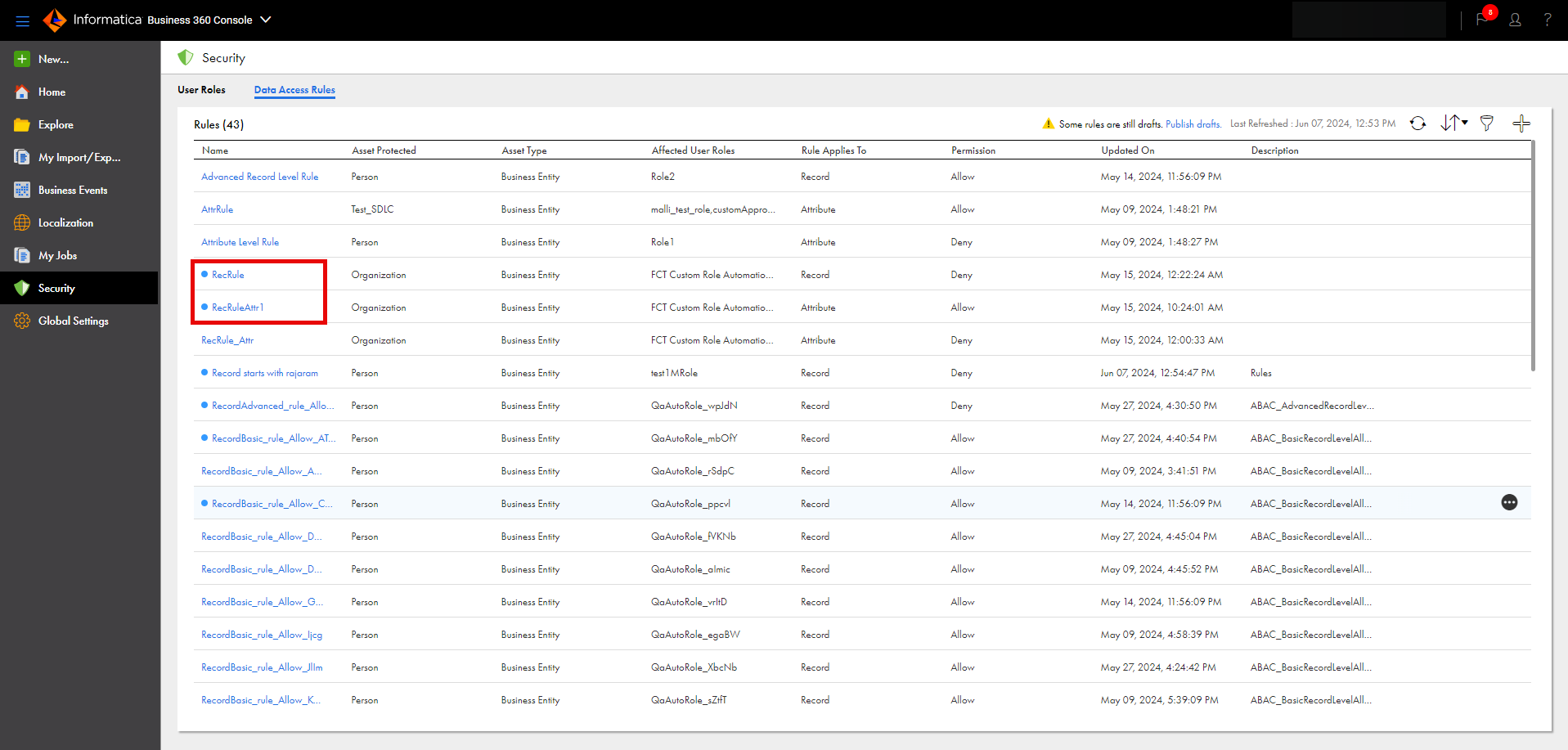 The Data Access Rules tab displays the draft data access rules.