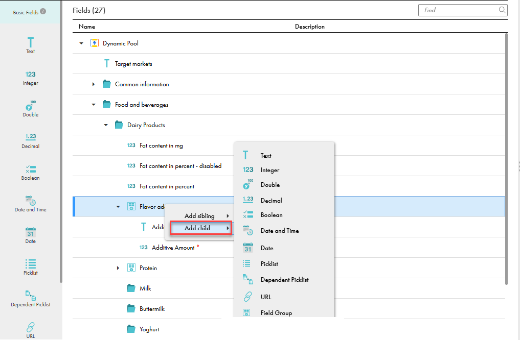 The menu with the Add child option, which you use to add fields to the Flavor additives field group.
