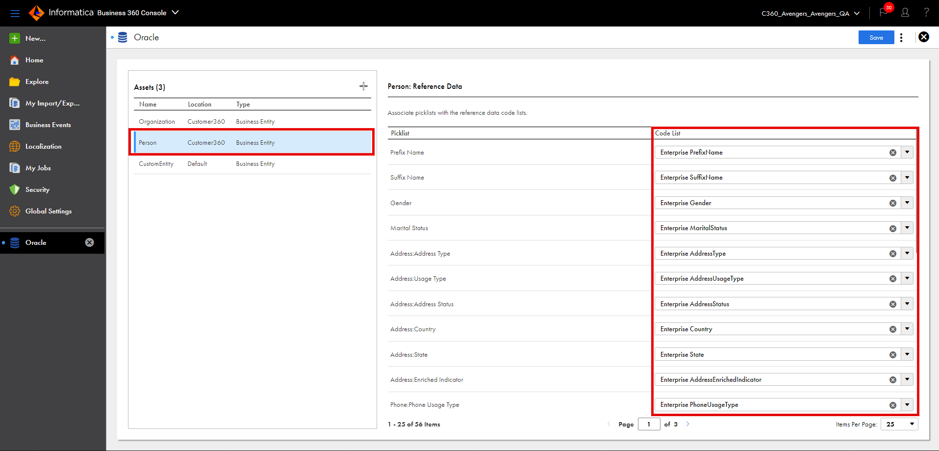 The Oracle source system page shows the code lists in MDM - Reference 360 that you can associate with the picklists of the Person business entity.