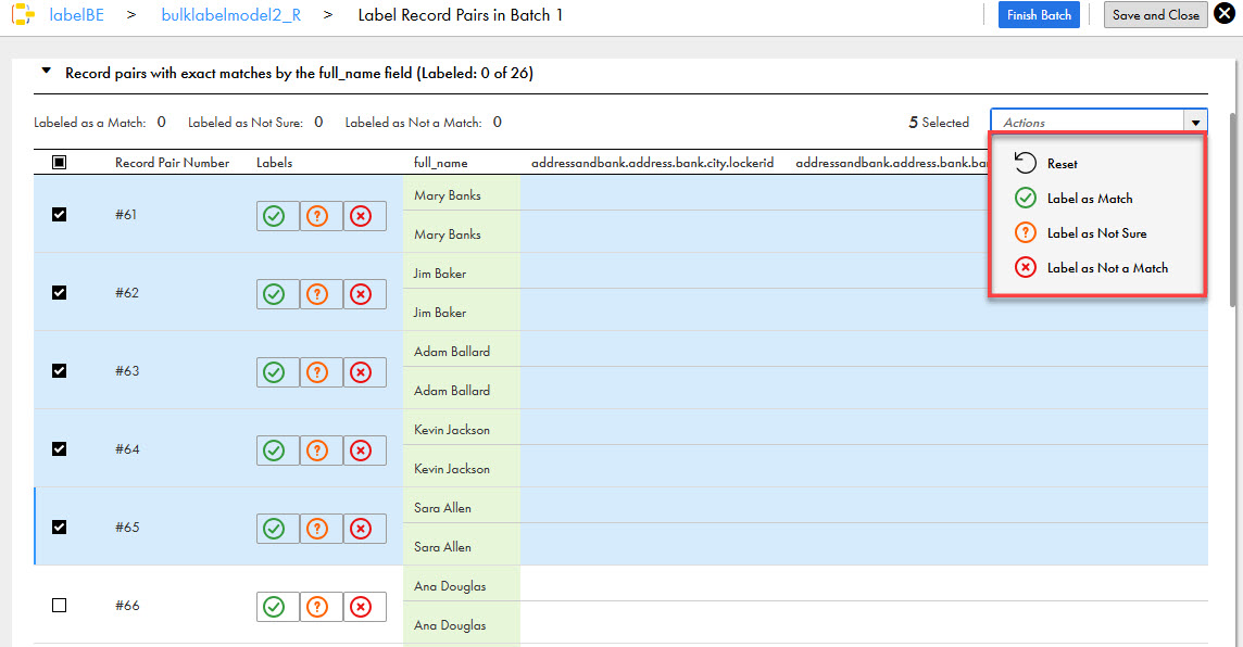 The Labeling - Batch 1 page displays multiple record pairs that are selected and set for bulk labeling using the labels, Match, Not Sure, and Not a Match.