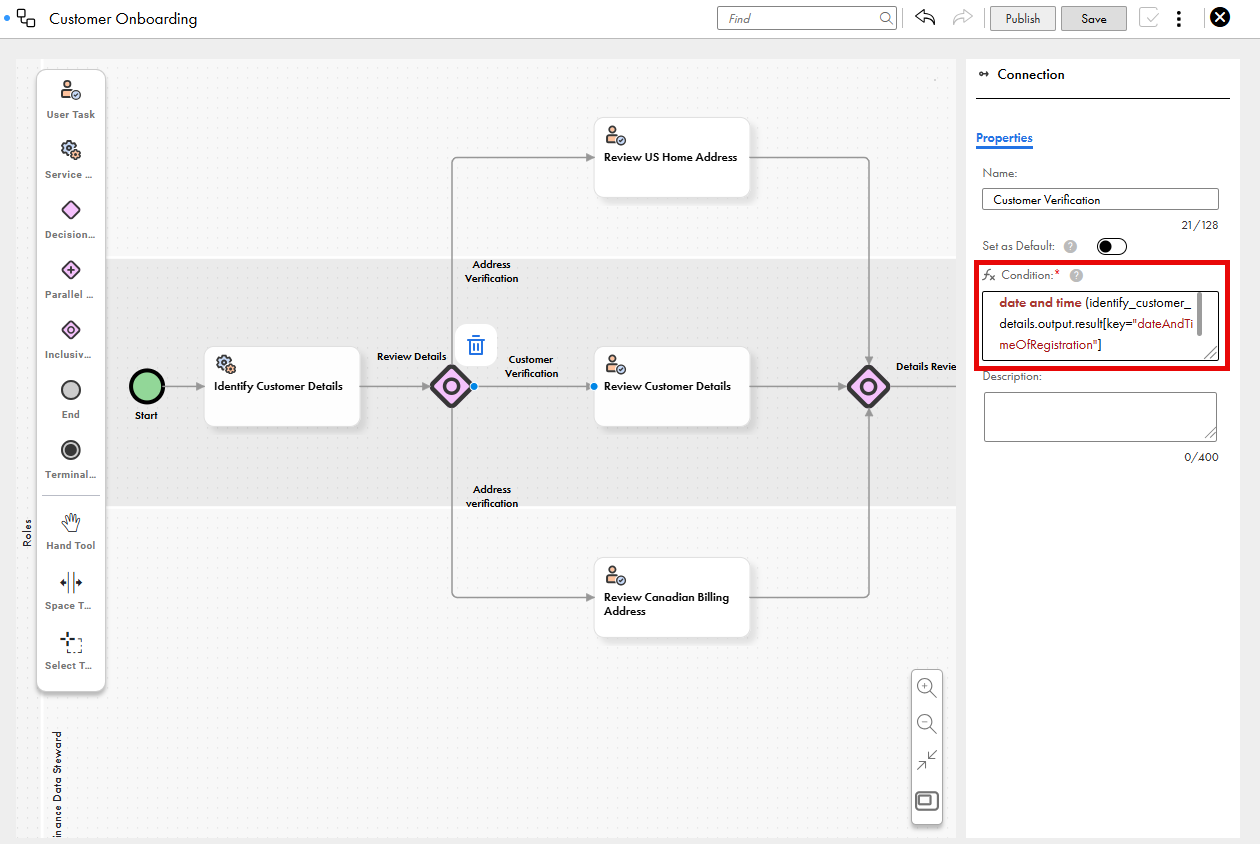 The image shows a portion of a workflow for customer onboarding, with user tasks, a service task, and an inclusive gateway for reviewing US home address, Canadian billing address, or other generic customer details, leading to customer onboarding or rejection. The condition field for the Customer verification connection is highlighted.