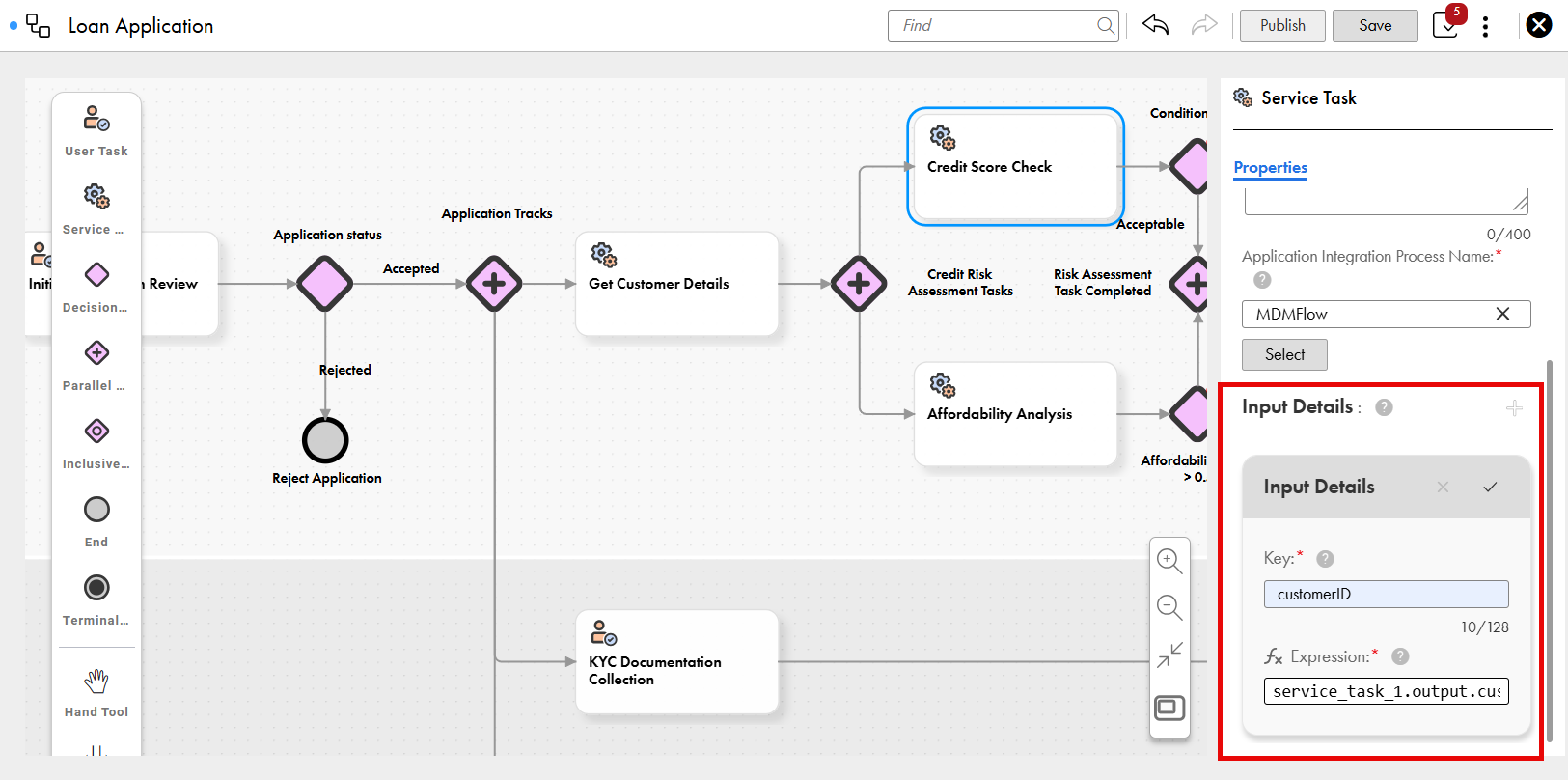 The image show a portion of a workflow for loan application, with user tasks, service tasks, a parallel gateway, and decision gateways for credit risk and affordability checks, leading to either approval or rejection. The Input Details section of the properties tab for the selected service task, Credit Score Check is highlighted. The properties include input details, such as key and expression.