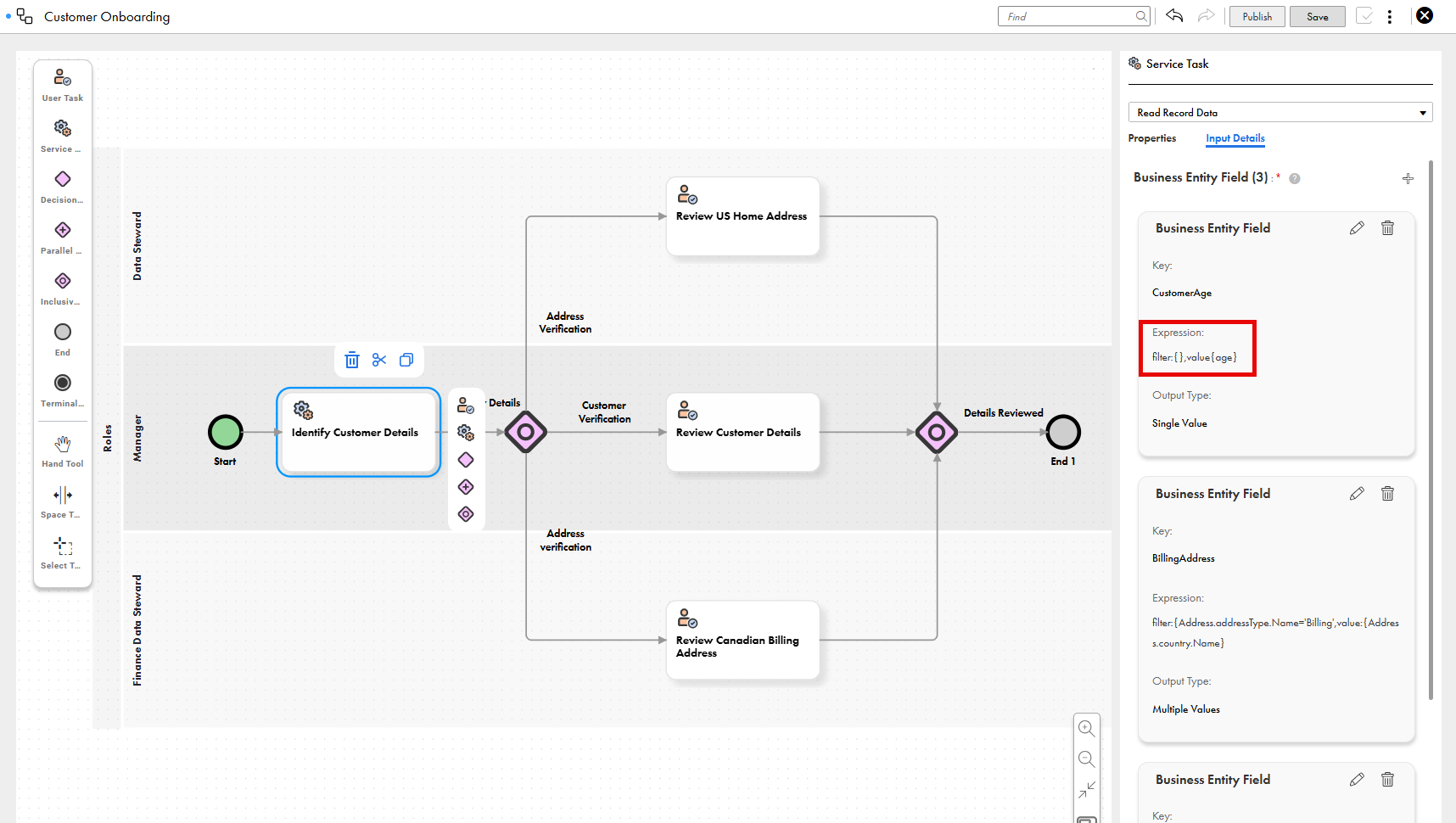The image shows a portion of a workflow for customer onboarding, with user tasks, a service task, and an inclusive gateway for reviewing US home address, Canadian billing address, or other generic customer details, leading to either customer onboarding or rejection. The expression field for a business entity field in the Input Details tab for the selected service task, Identify Customer Details, is highlighted. Each business entity field includes a key, expression, and output type.