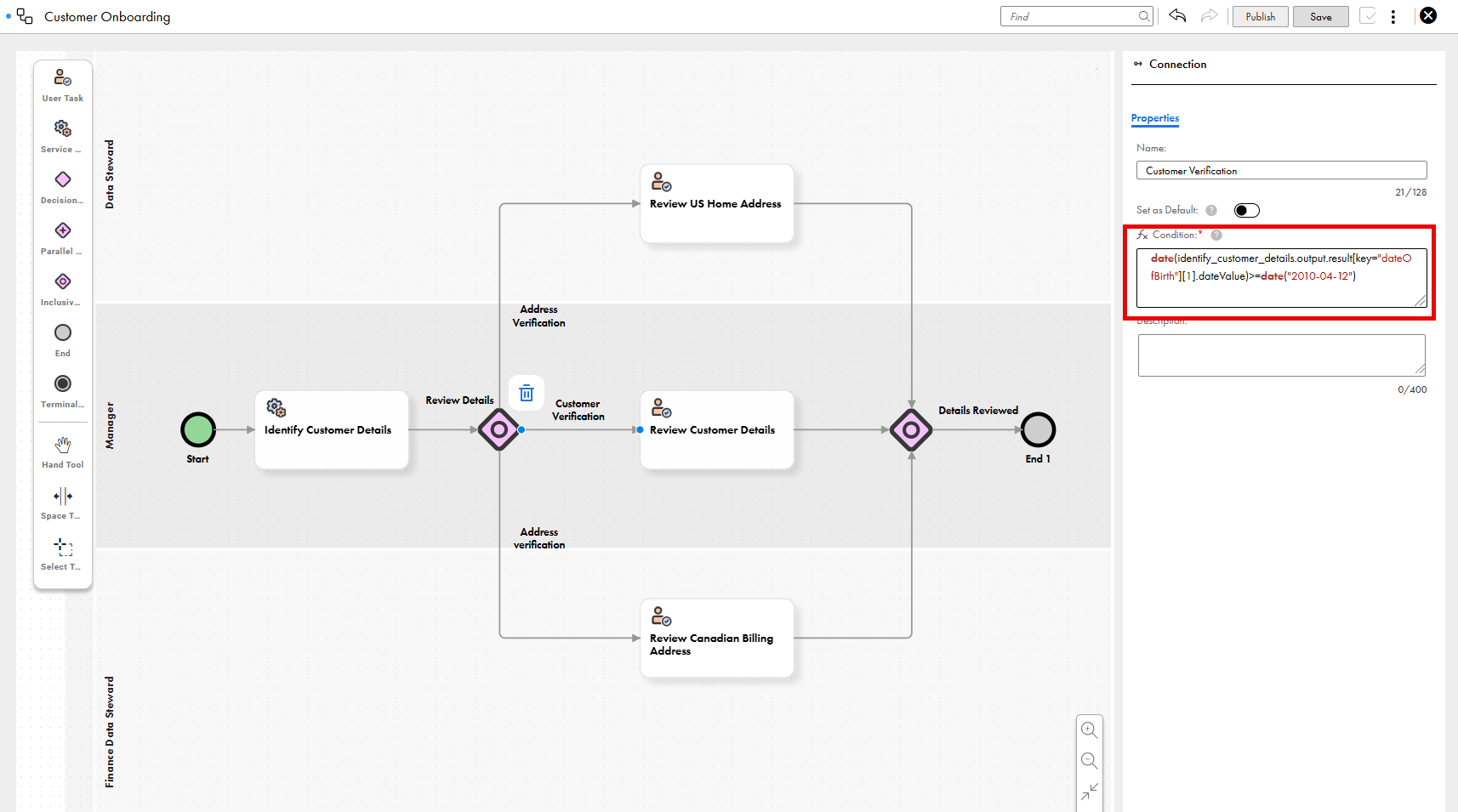 The image shows a portion of a workflow for customer onboarding, with user tasks, a service task, and an inclusive gateway for reviewing US home address, Canadian billing address, or other generic customer details, leading to customer onboarding or rejection. The condition field for the Customer verification connection is highlighted.