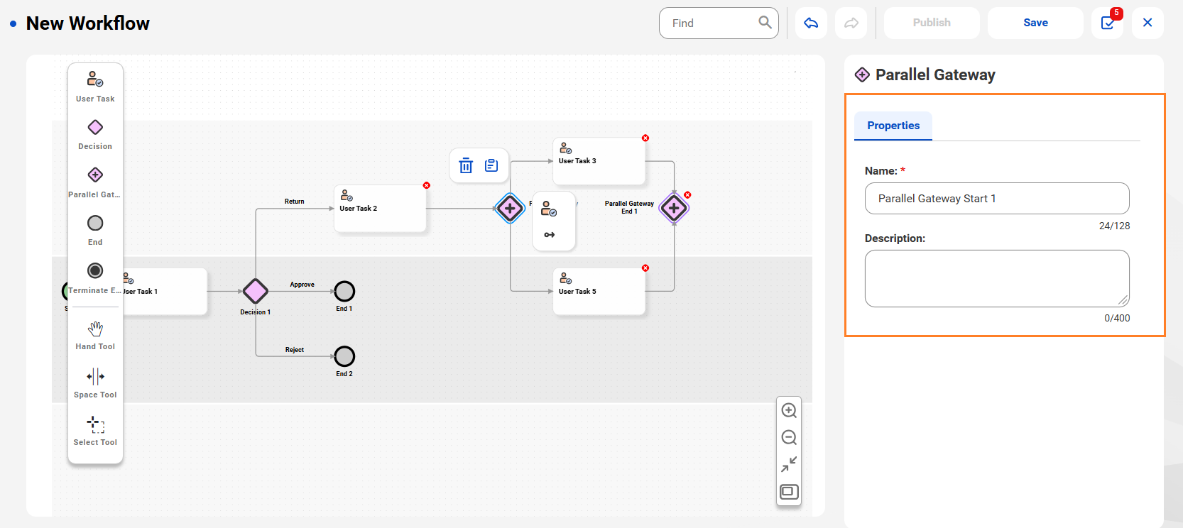 The Properties tab of a Parallel Gateway Start component with Parallel Gateway Start 1 as the Name.