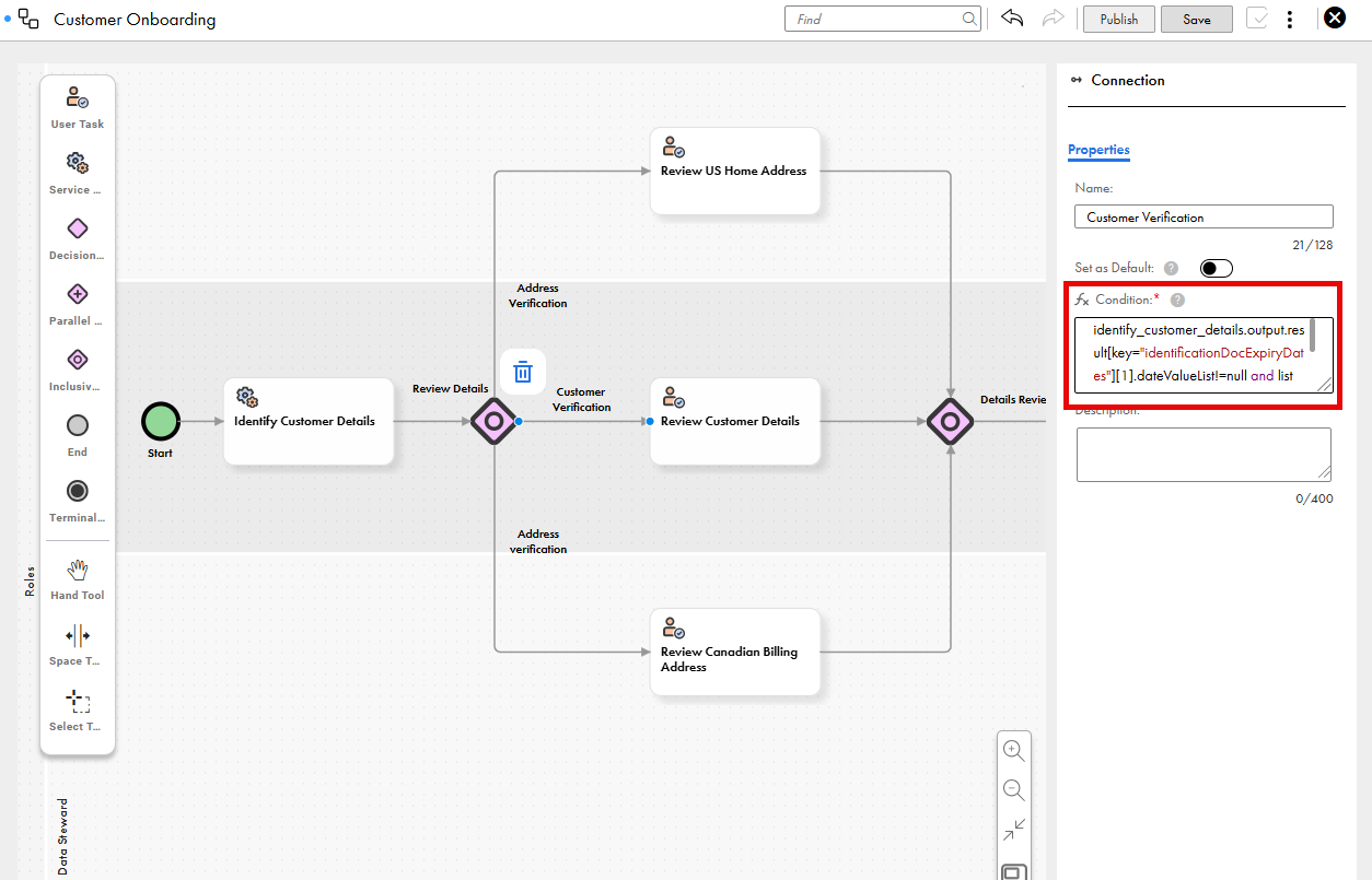 The image shows a portion of a workflow for customer onboarding, with user tasks, a service task, and an inclusive gateway for reviewing US home address, Canadian billing address, or other generic customer details, leading to customer onboarding or rejection. The condition field for the Customer verification connection is highlighted.