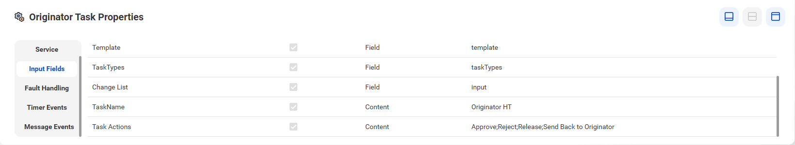 The task properties show the input fields configuration, such as Template, TaskTypes, Change List, TaskName, and TaskActions values.