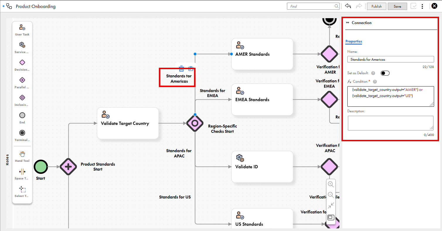 A portion of a workflow for product onboarding, with user tasks, service tasks, a parallel gateway, inclusive gateway, and decision gateways for checking product details, leading to either product onboarding or rejection. The properties of the selected connection is highlighted. The properties include name, a toggle to set the connection as the default connection, condition, and description. The Condition field contains the value for the scenario when theoutput of the user task is either AMER or US.