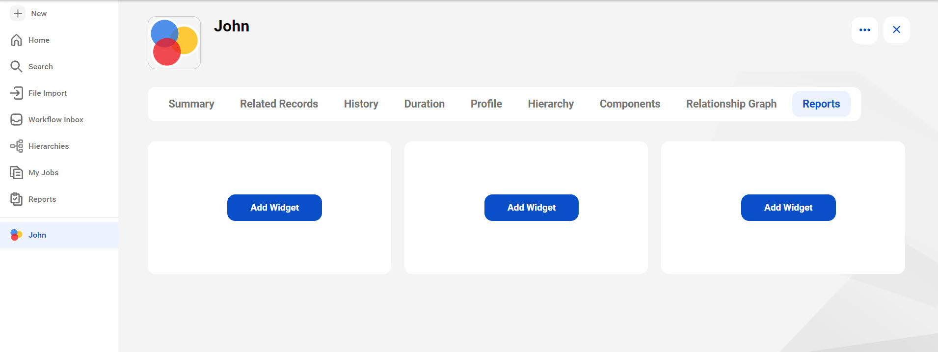 The image shows the Reports component of a record in Customer 360 SaaS. Users can add charts using the Add Widgets button.