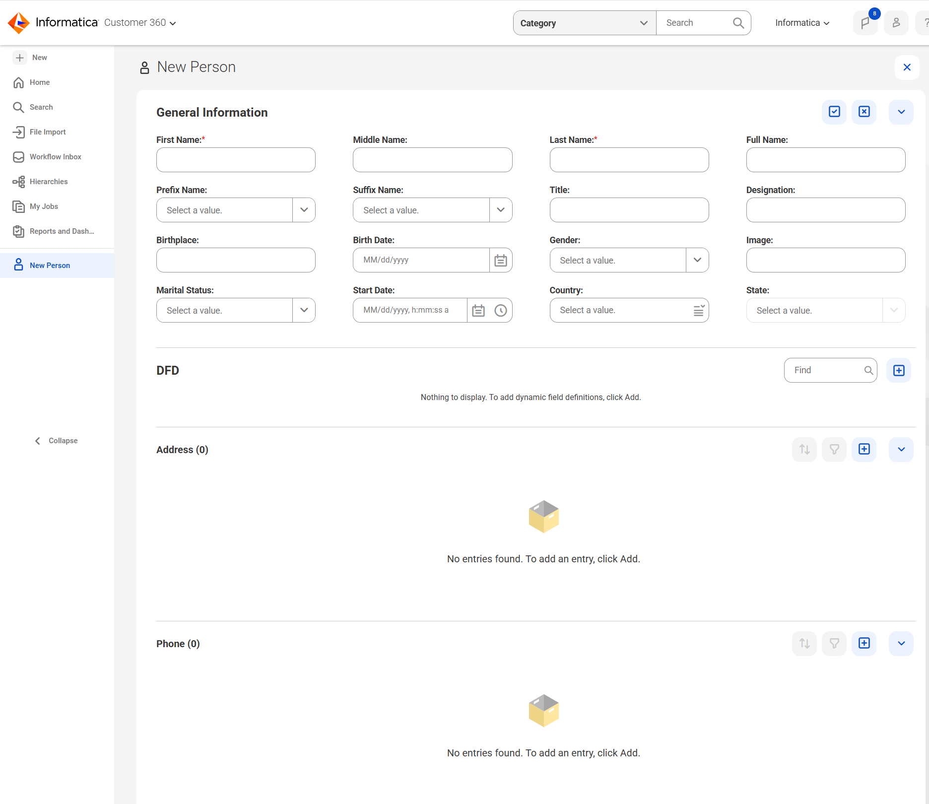 The New Person page shows a General Information section with fields, such as First Name, Middle Name, Last Name, Title, and Gender. The image also shows field groups, such as Address and Phone, with sort and filter options. The New Person page shows a General Information section with fields, such as First Name, Middle Name, Last Name, Title, and Gender. The image also shows field groups, such as Address and Phone, with sort and filter options.