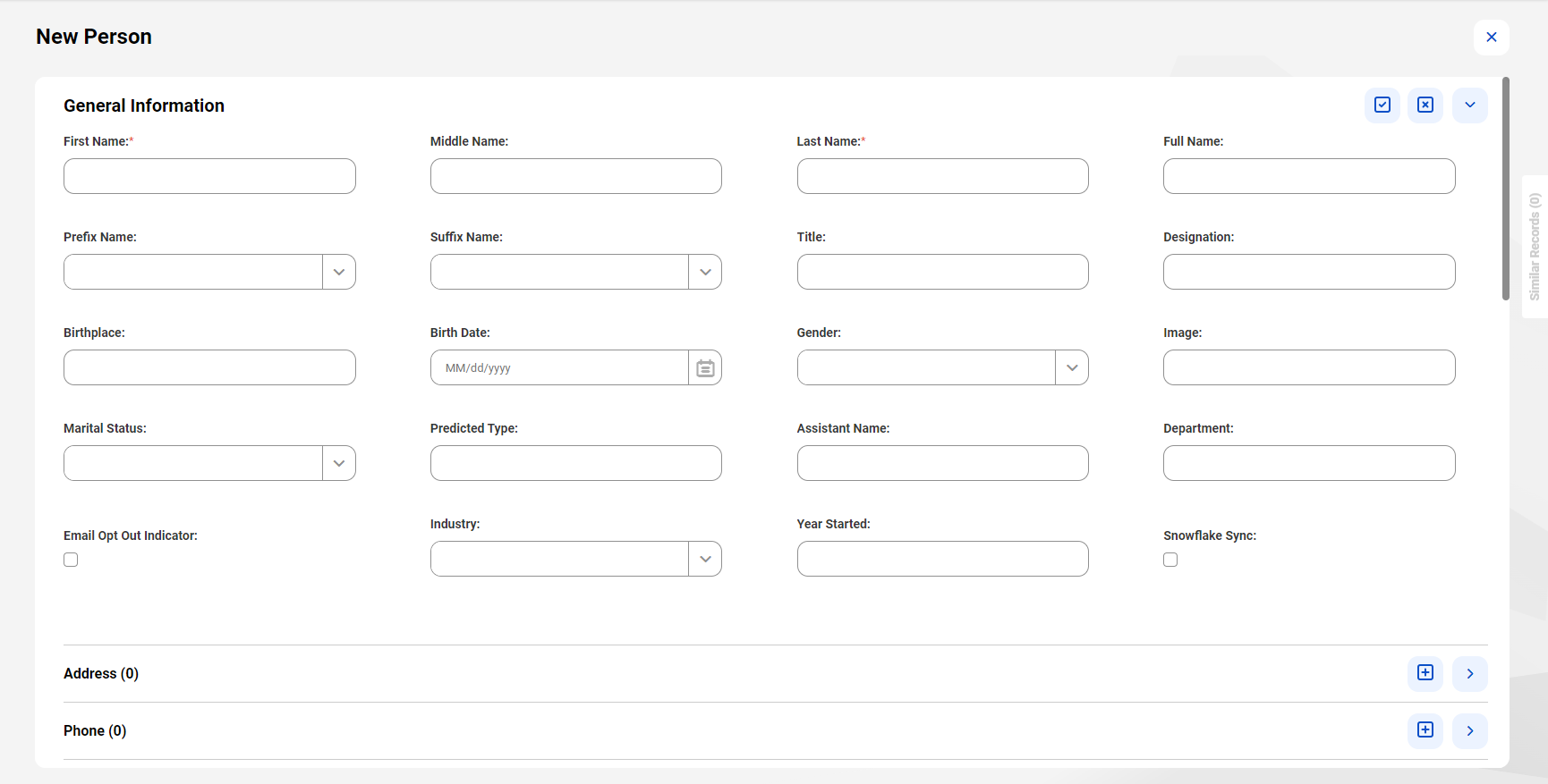 The image shows the General Information section with the fields, such as First Name, Title, and Gender. The image also shows field groups, such as Address and Phone.