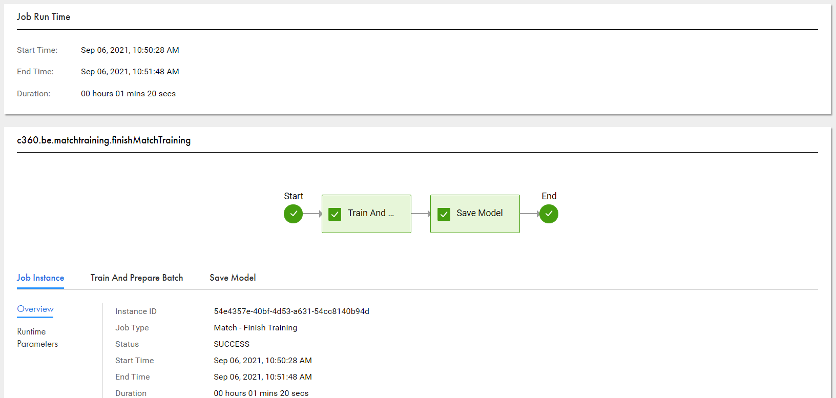 The image displays the data flow for a match finish training process. The page displays the job instance with the overview information.