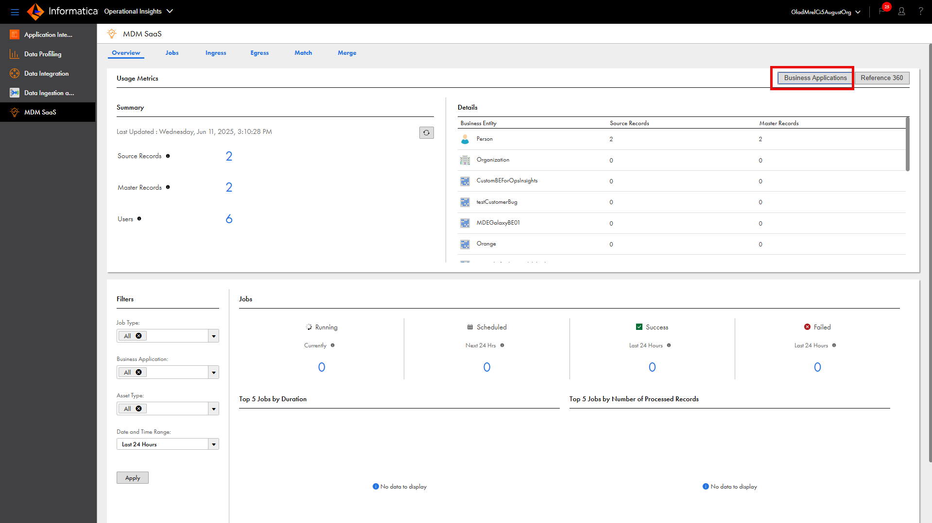 The Usage Metrics section on the Overview page shows the count of source records, master records, and users, and also the source and master records count by business entity.