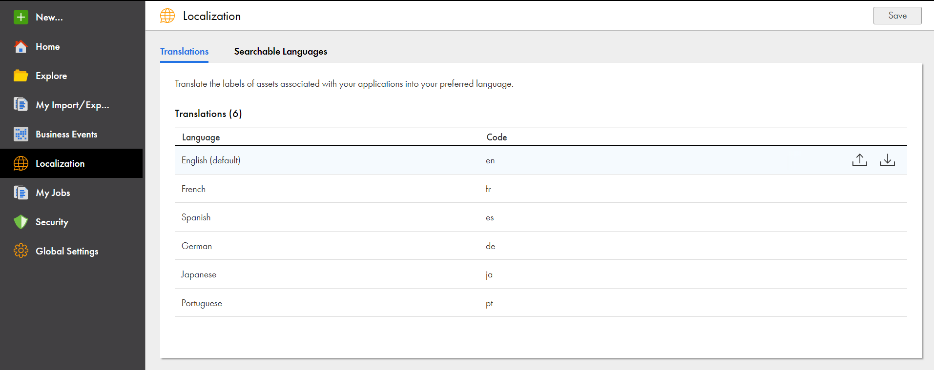 The Localization page shows the Translation tab with the Upload Translation File icon.