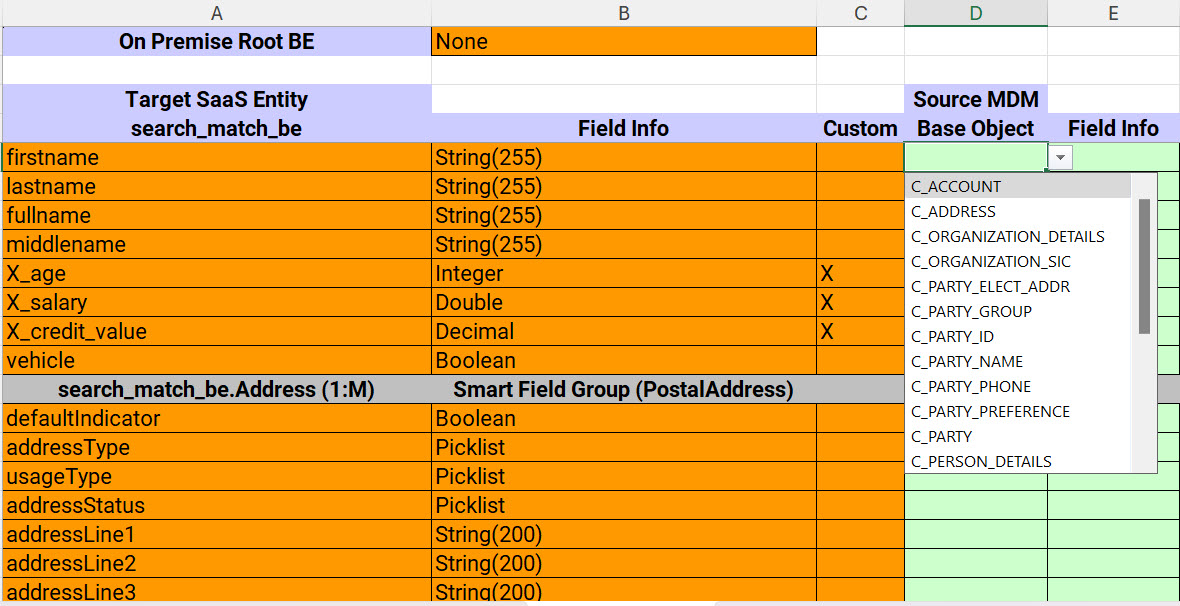 The data model mapping file based on base objects shows the Target SaaS Entity fields and their field types. The Source MDM column displays the base object tables from the MDM Hub as drop-down values.