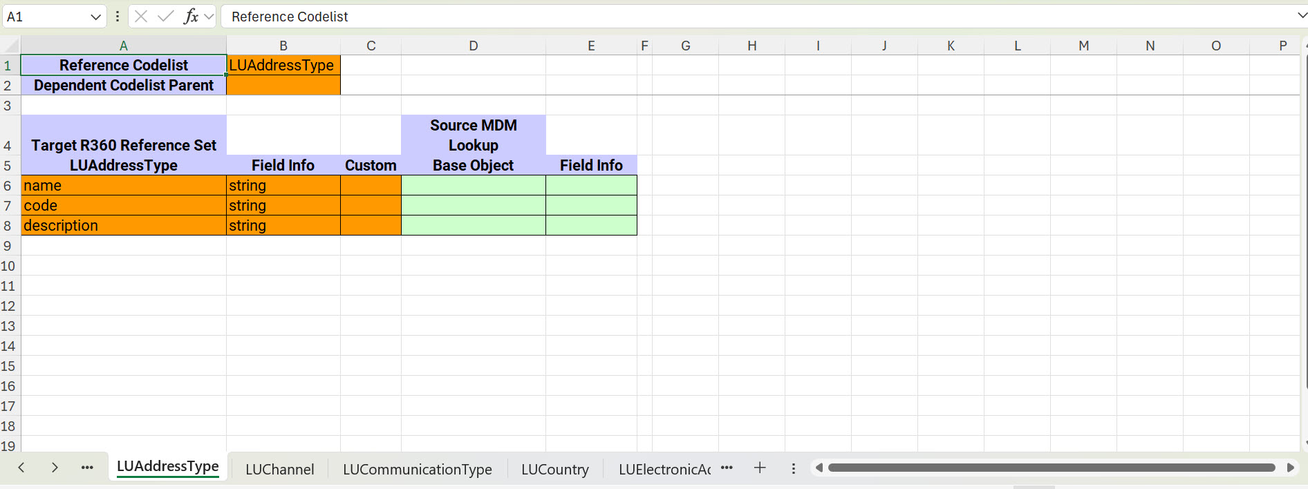 The reference data mapping file shows the LUAddressType lookup table from the MDM Hub with default attributes name, code, and description along with their field types.