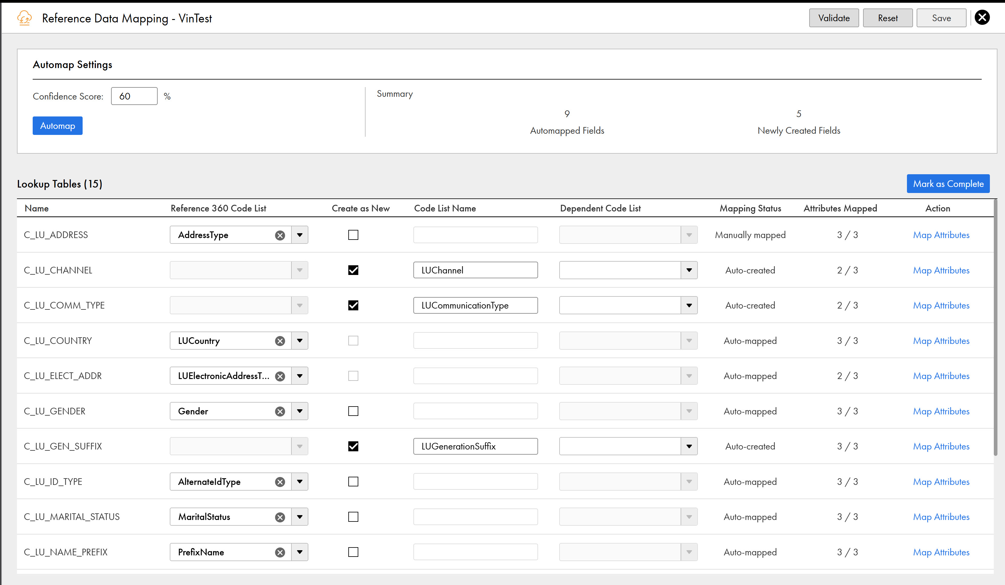 The Reference Data Mapping page shows an Automap Settings panel with a Confidence Score field, Automap button, and summary counts, and a Lookup Tables list with Name, Reference 360 Code List, Create as New, Code List Name, Dependent Code List, Mapping Status, Attributes Mapped, and Action columns.