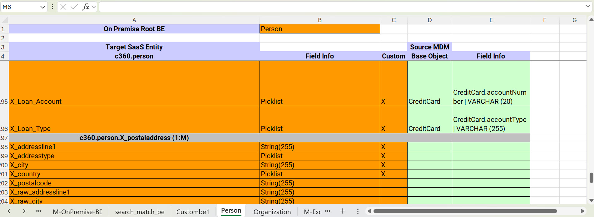 The data model mapping file shows the Person business entity sheet with custom fields Loan_Account and Loan_Type added and mapped columns of the CreditCard base object. The Custom column of these fields is marked with the character X to indicate that they are custom fields.