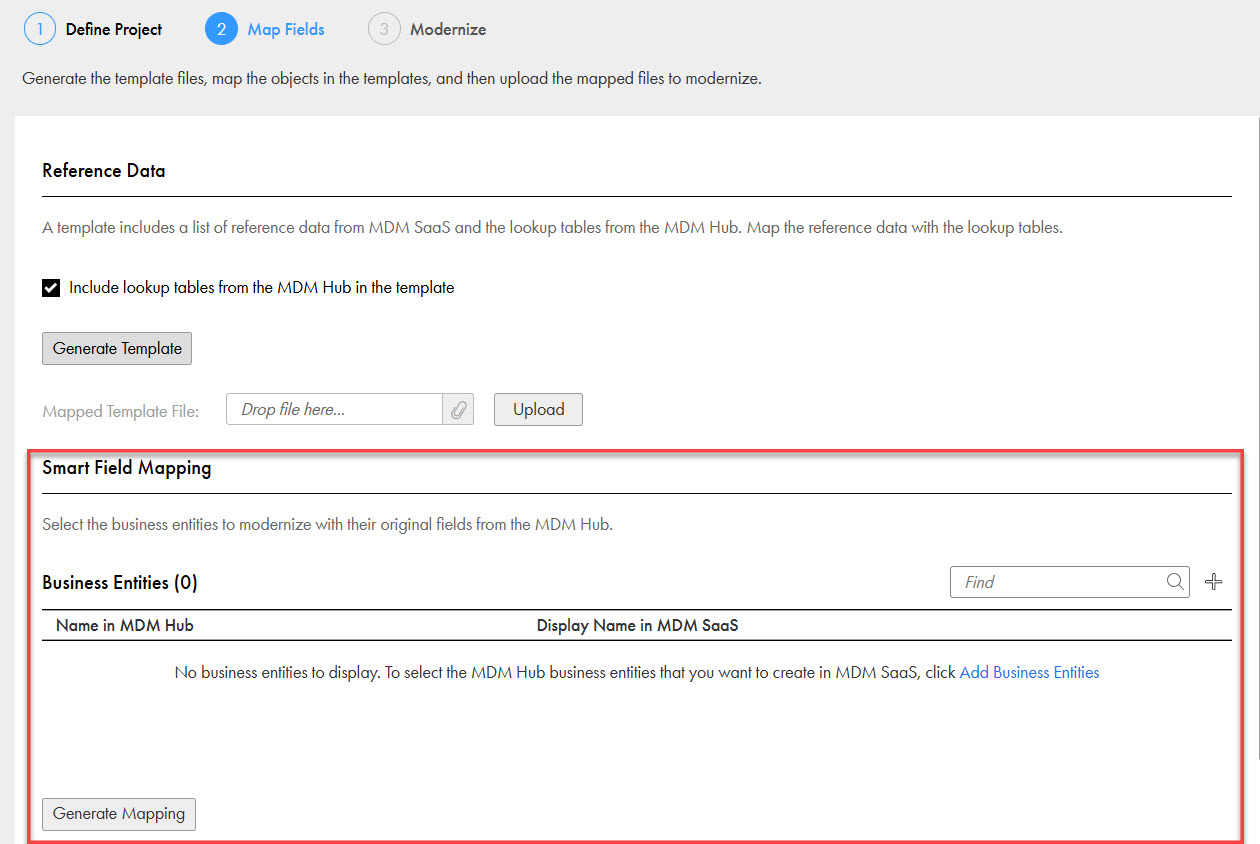 The image shows a modernization project that uses smart mapping to automatically create business entities from the MDM Hub along with their fields in MDM SaaS.