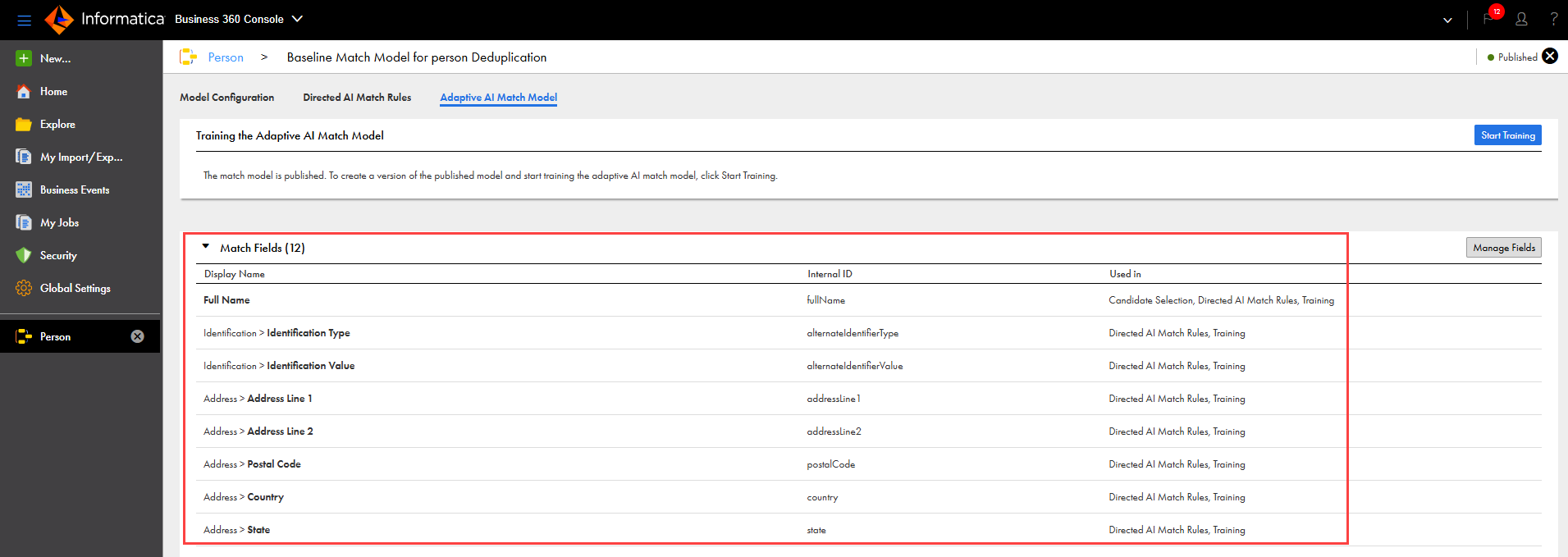 The Adaptive AI Match Model tab shows the participating match fields.