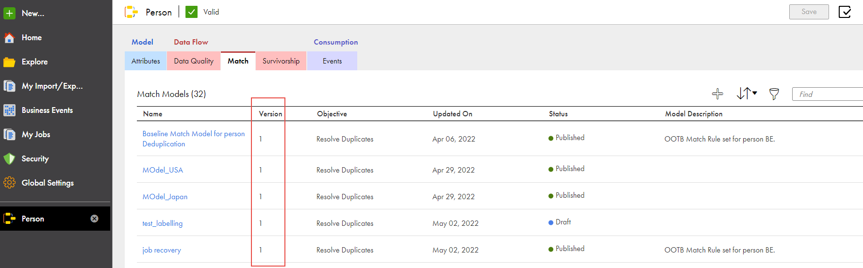 The Match tab displays the match models and their version numbers for a business entity.