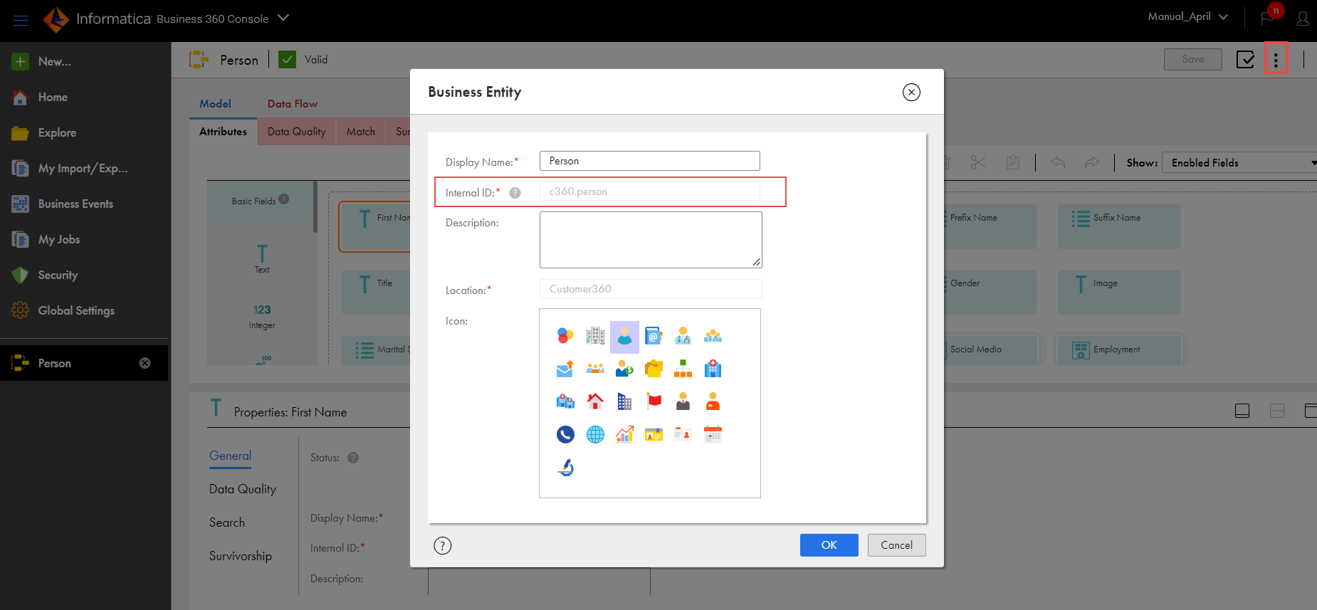 The Business Entity dialog box shows the properties of a business entity with highlighted internal ID.