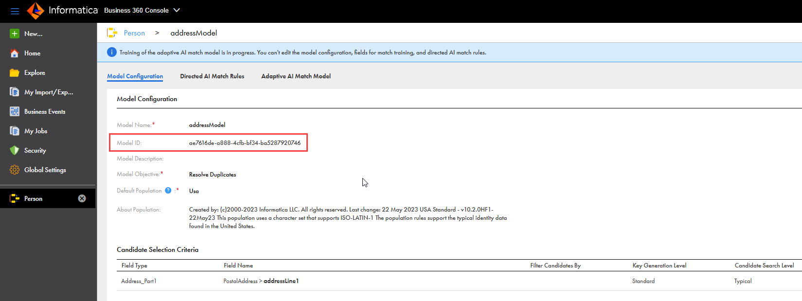 The business entity shows the match model configuration of a selected match model. The match model identifier is highlighted in the image.