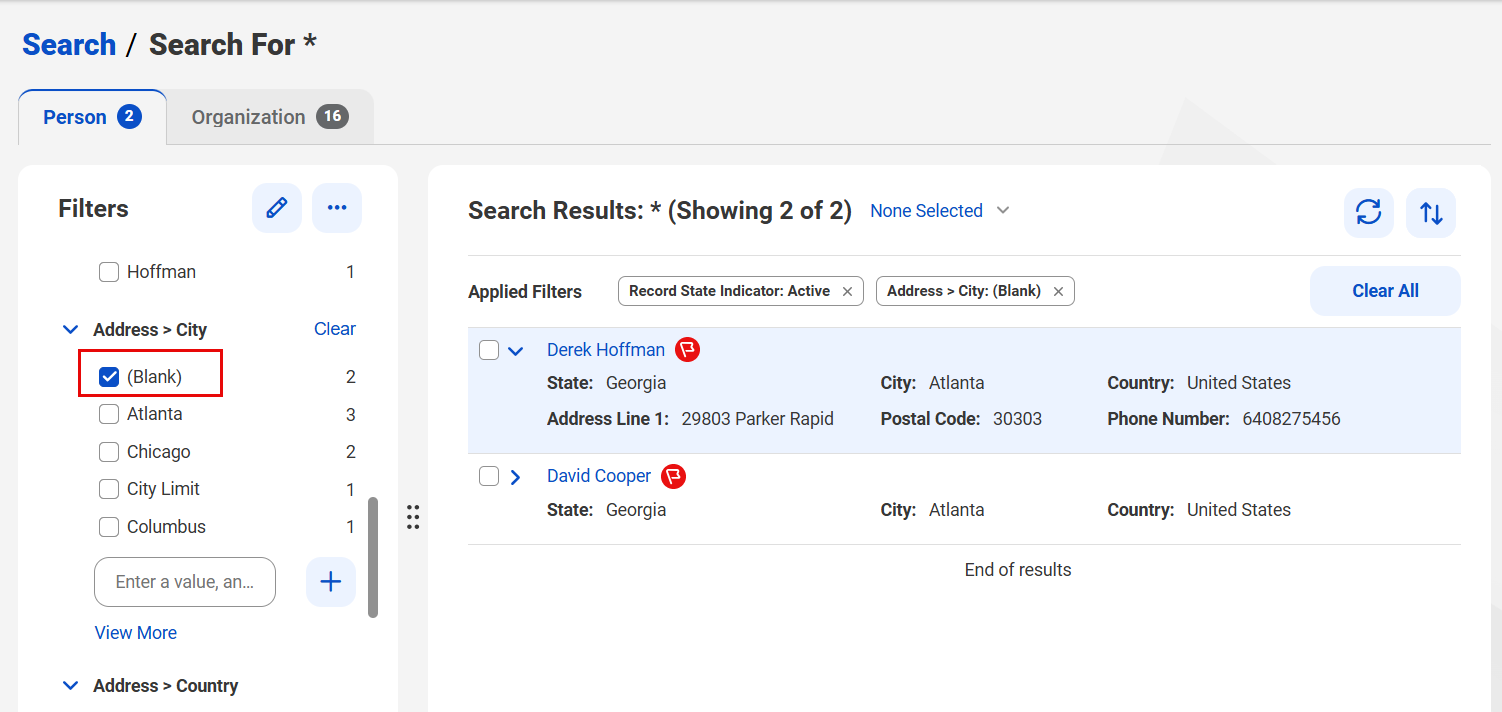 The image shows the (Blank) filter value selected for the City field, and the search returns records that have no value in the City field.