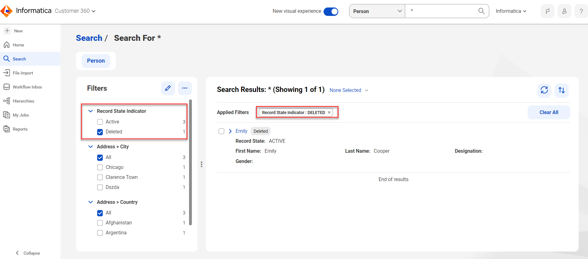 The Search Results page shows the Record State Indicator filter that contains Active and Deleted values. The search results display the deleted master records.