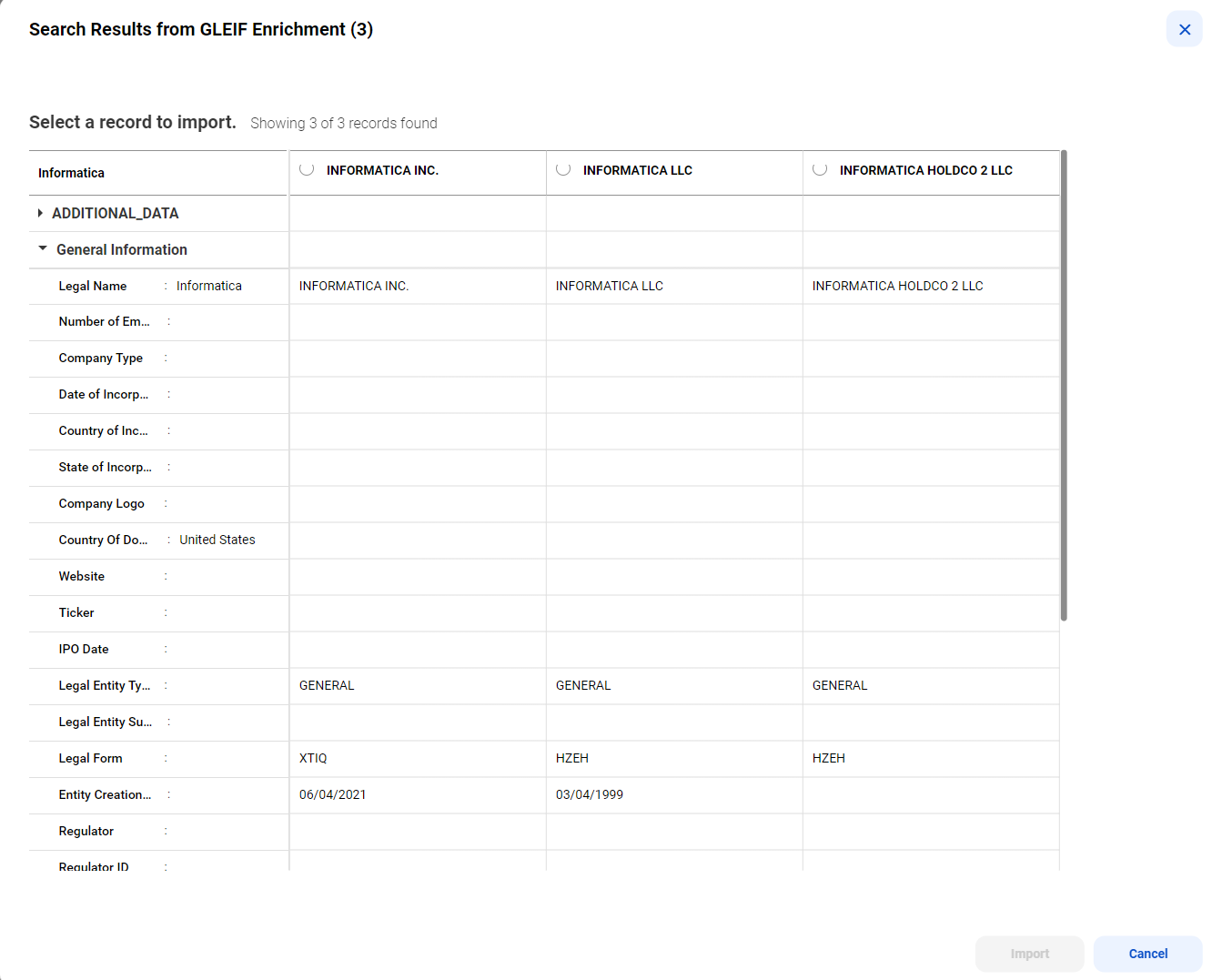 The search results from GLEIF database for the legal name Informatica and the country of domicile United States. The search results include the records of Informatica Inc., Informatica LLC, and Informatica HOLDDCO 2 LLC.