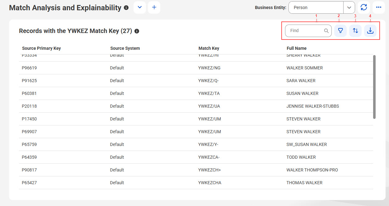 The Records with YWKEZ Match Key (27) section shows the list of source records associated with the YWKEZ match key. You can also view the record details, such as source primary key, source system, match key, and full name.