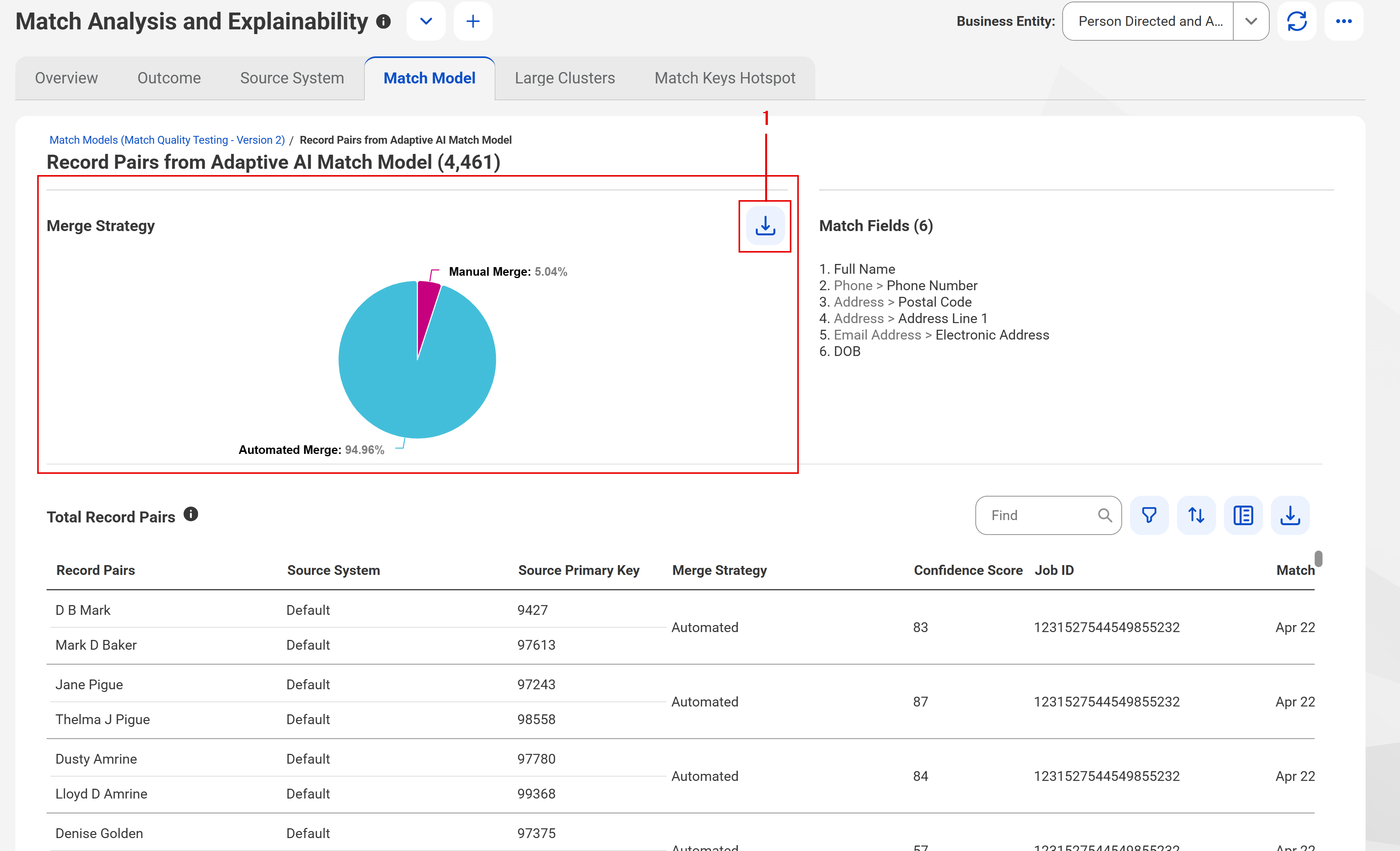 The Merge Strategy section shows a pie chart that displays the percentages of record pairs for Automated and Manual merge. The Record Pairs section lists the record pairs generated based on the Automated Merge strategy.