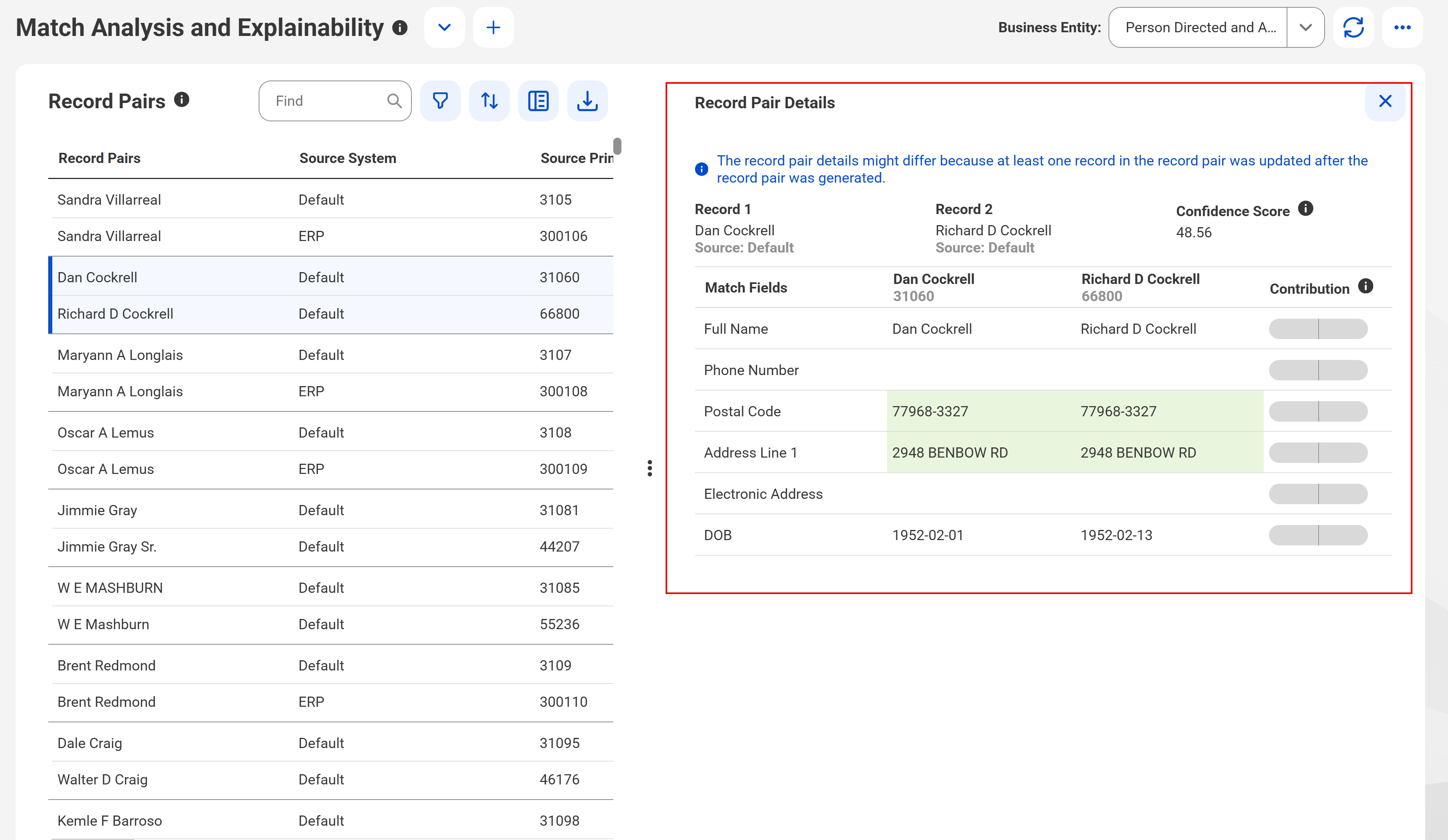 The Source System tab displays the Record Pair Details section that shows the additional details of a record pair, such as field match score, match weight, match score, and match result.