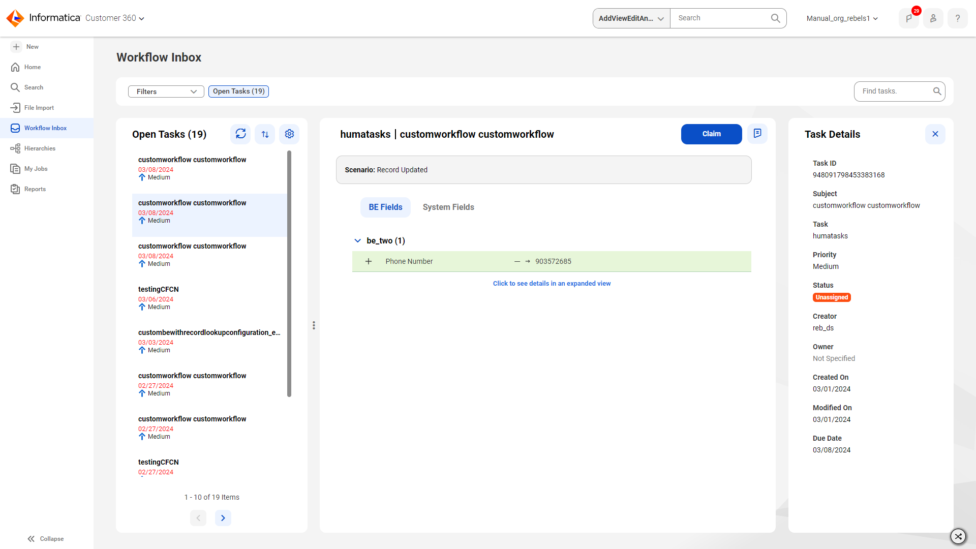 The List view displays the list of workflow tasks along with the task summary and task details.