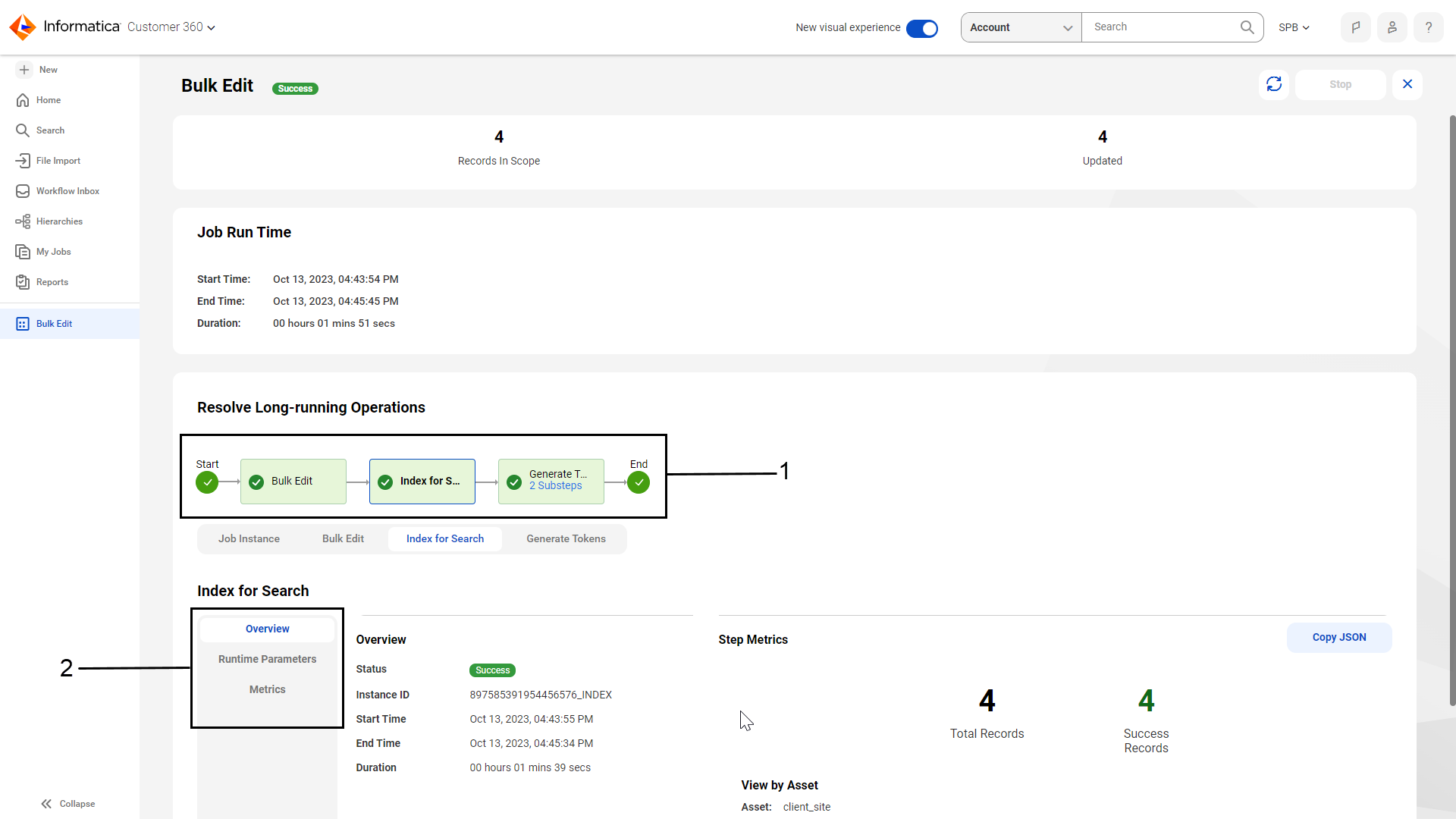 The job details page shows details of a bulk edit job.