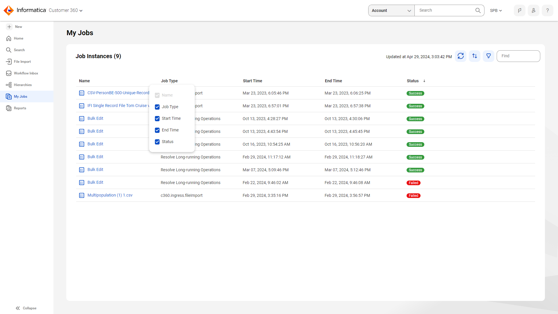 The My Jobs page shows the properties menu on the column header.