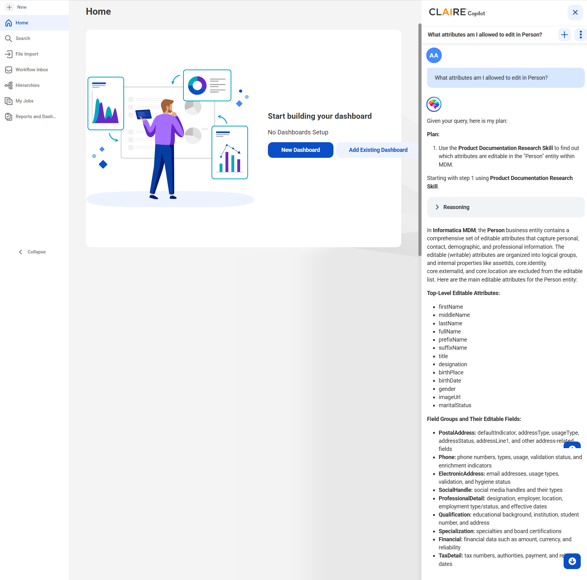 The response displays all editable attributes in the Person business entity. It also segregates attributes into root attributes and attributes in field groups.