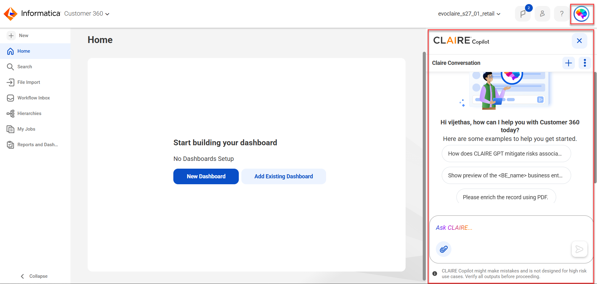 The CLAIRE Copilot conversation window is open using the CLAIRE icon. It shows the sample prompts and the prompt text box.