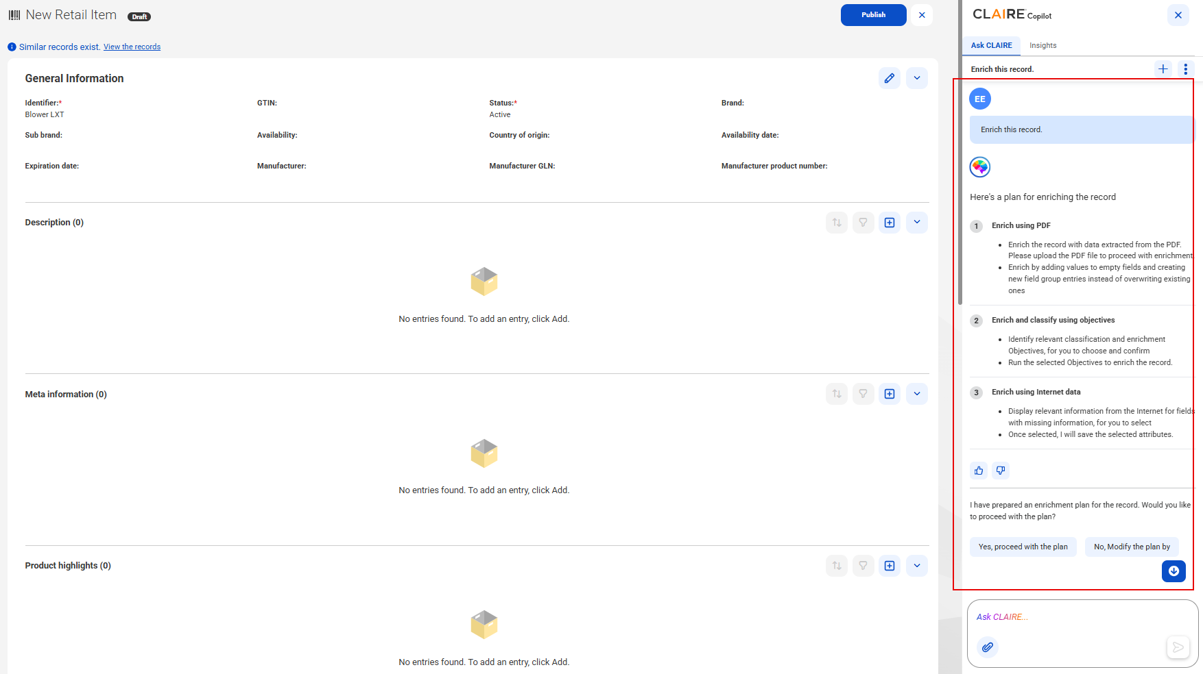 The CLAIRE Copilot panel shows a comprehensive enrichment plan with steps for enrichment using a PDF and objectives. The conversation also shows options to proceed with the plan or modify the plan.