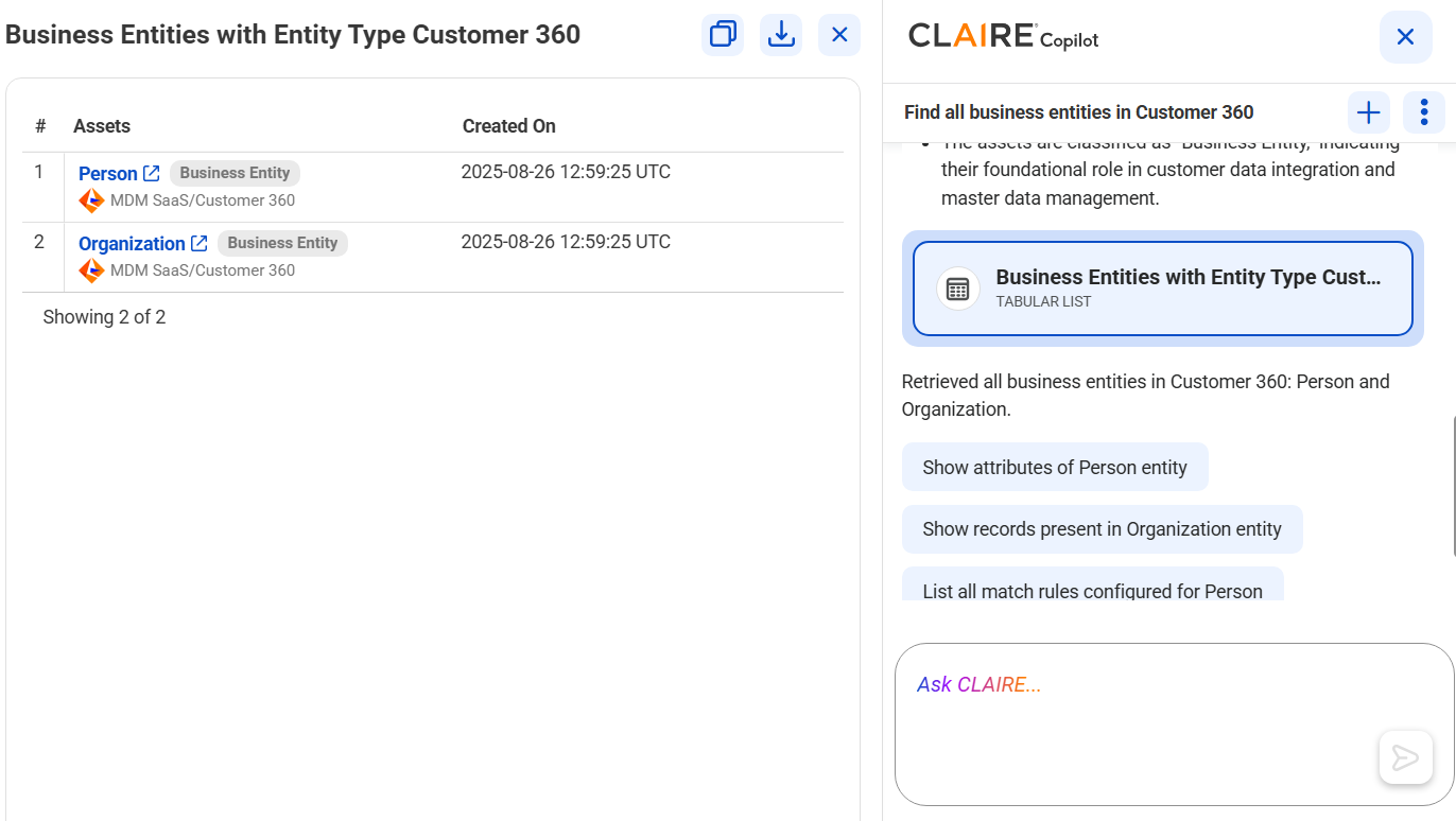 The response displays two business entities, Organization and Person in a tabular view. The right side panel contains contextual information about the business entities and includes prompt suggestions for further analysis.