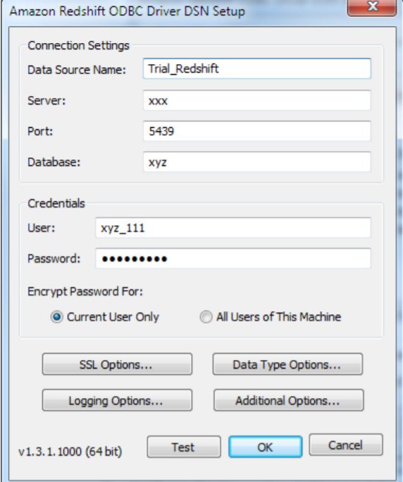 The following image shows the Amazon Redshift ODBC Driver DSN Setup box where you can configure the connection settings and credentials fields.