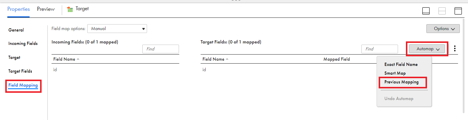 Select Automap and then select Previous Mapping to reflect the field mappings in Amazon Redshift V2.