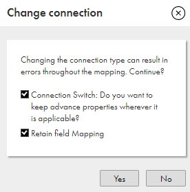 The dialog box shows the options to retain the advanced properties and the field mapping.