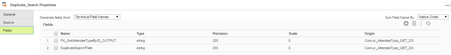 The image displays the fields from the FF_Duplicate_Search flat file object.