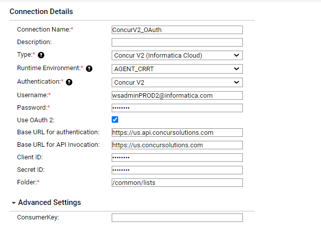 The Concur V2 Connection Properties page shows the properties for a new OAuth 2 connection type