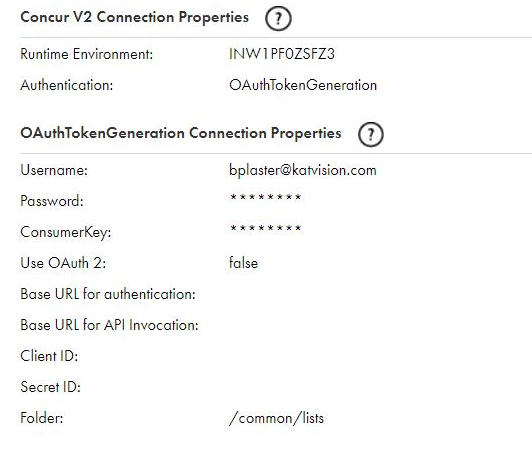 The Concur V2 Connection Properties page shows the properties for a hybrid OAuth 2 connection type.