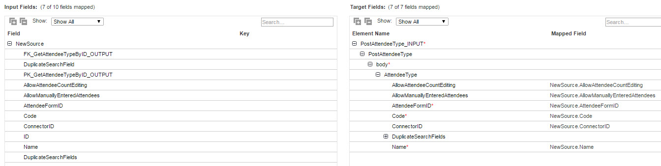 The image displays an example of mapped input fields from the source file with the Concur target in an operation for updating the Attendee Types.